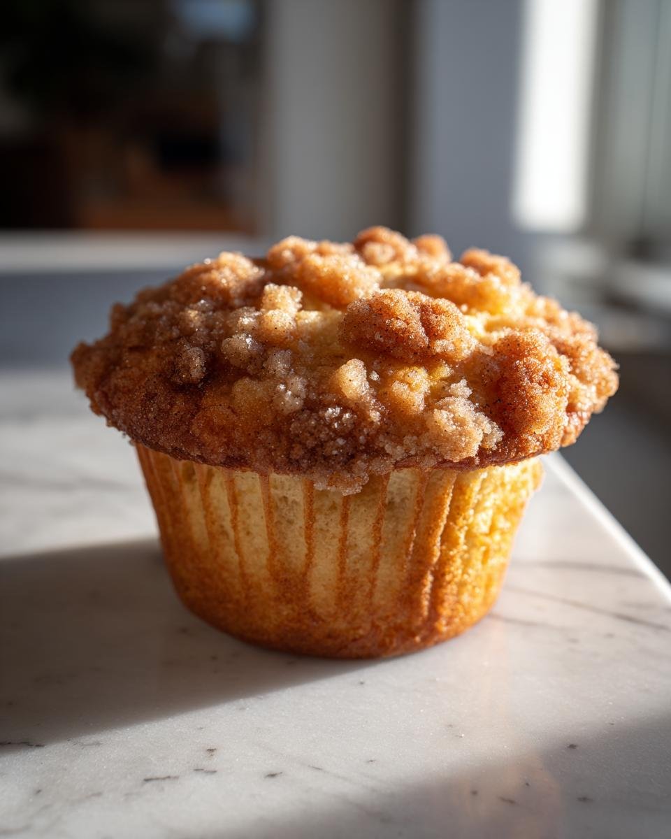 A single, golden-brown Cinnamon Crunch Muffins featuring a thick, sugary cinnamon streusel topping, sitting on a white marble surface.