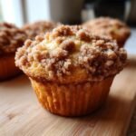 A close-up, appetizing view of a freshly baked Cinnamon Crunch Muffins featuring a thick, sugary cinnamon streusel topping.