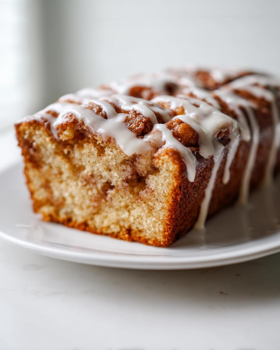A close-up shot of a slice of Cinnamon Roll Cake loaf drizzled generously with white icing on a white plate.