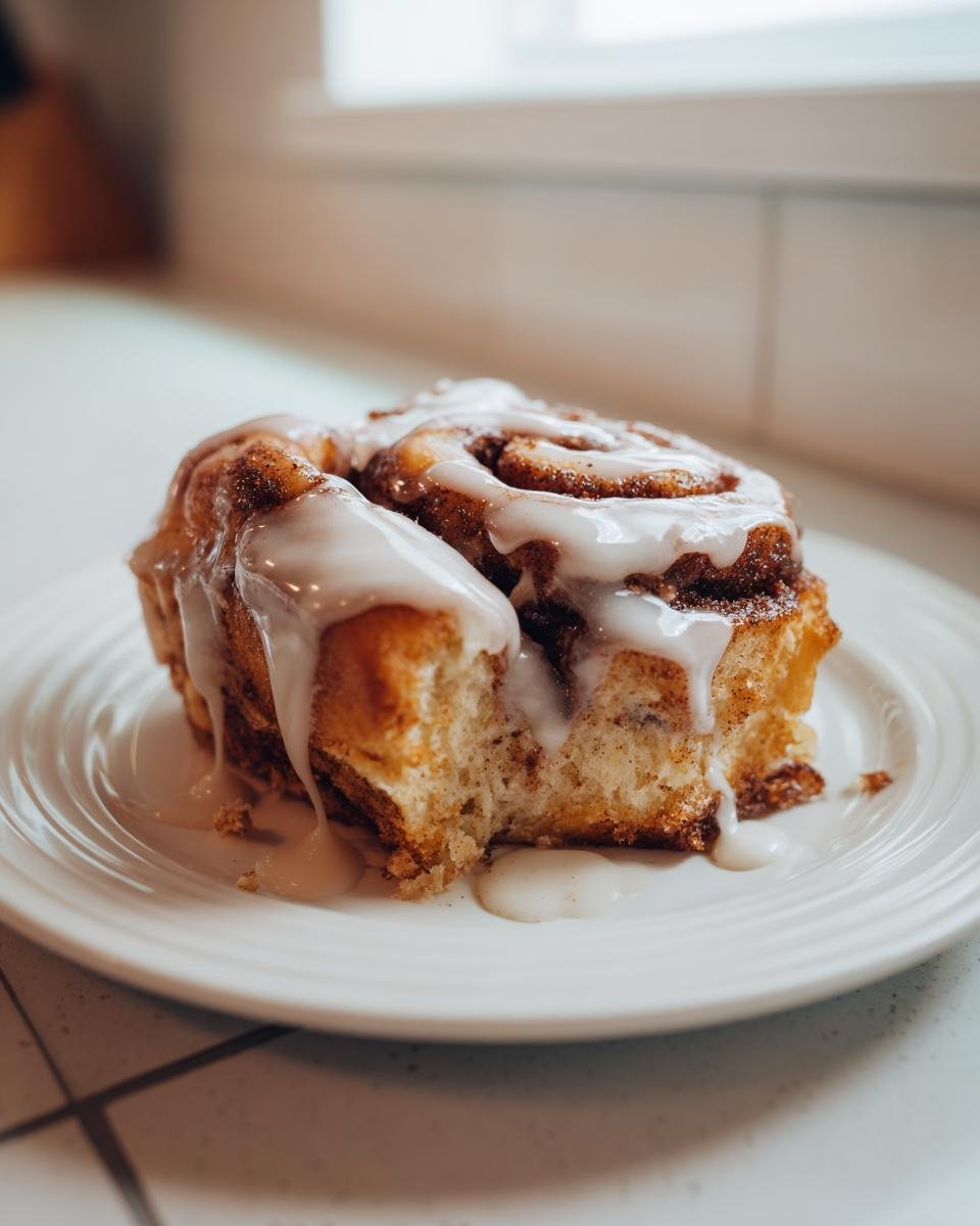 A close-up of a single, gooey serving of Cinnamon Roll Cake topped with thick white icing.