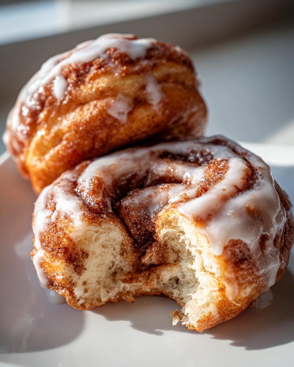 Close-up of two soft Cinnamon Roll Donuts stacked, one with a bite taken out, covered in white glaze.
