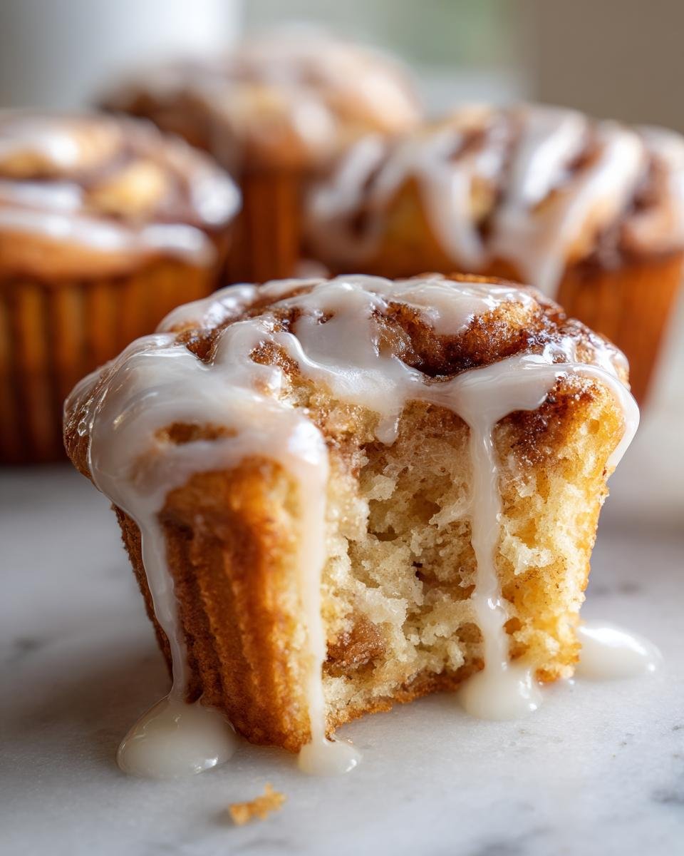 A close-up of a Cinnamon Roll Muffins with a bite taken out, showing the soft interior and thick white icing dripping down.
