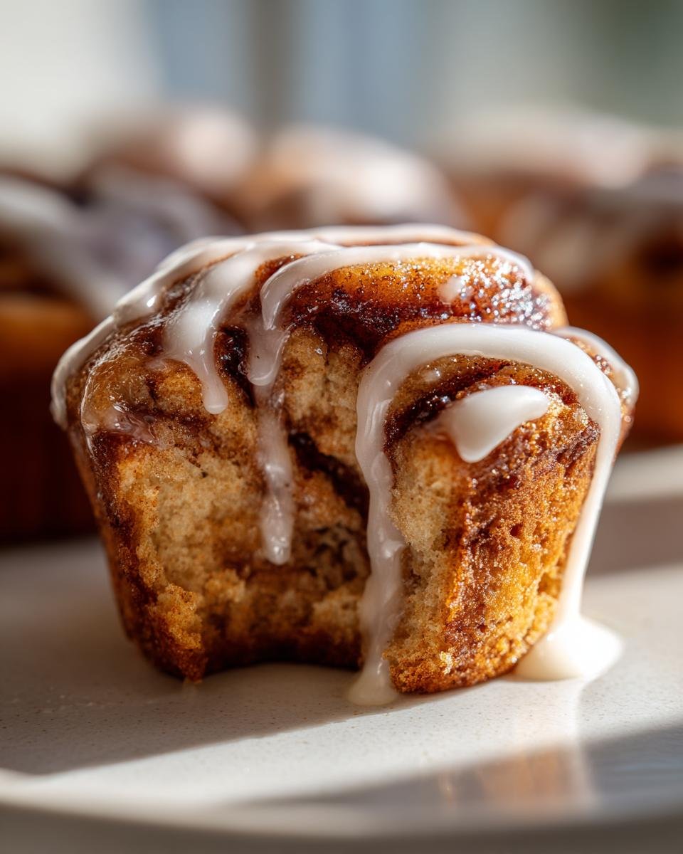 A close-up of a single Cinnamon Roll Muffins with rich cinnamon swirl and thick white icing dripping down the side.