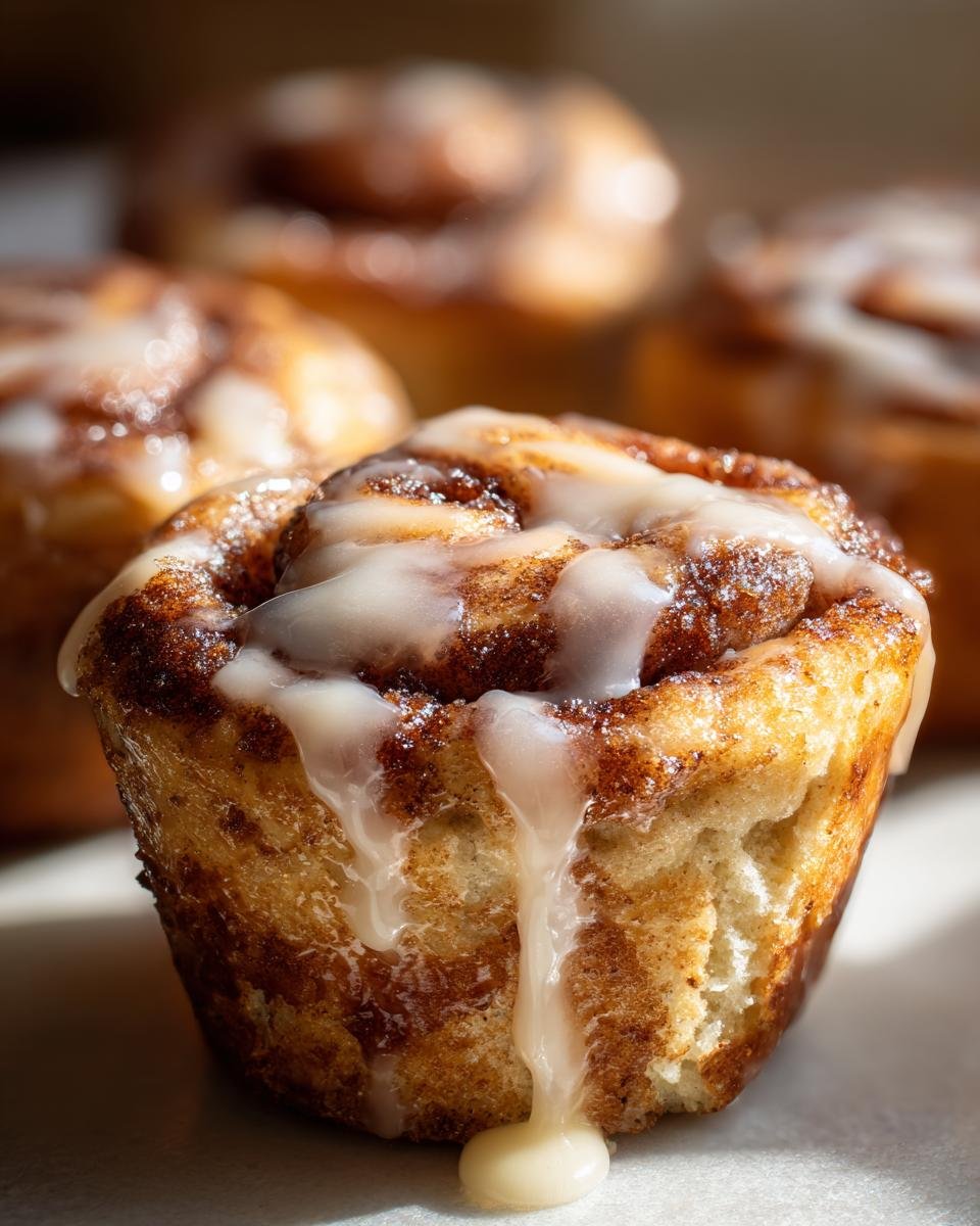 A close-up of a freshly baked Cinnamon Roll Muffin topped with thick, dripping vanilla icing.