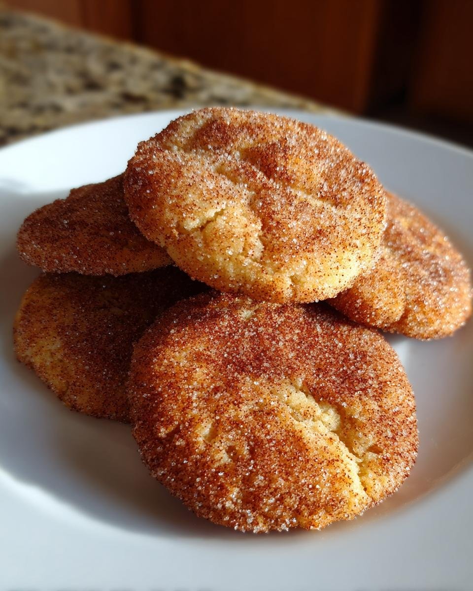 A close-up of several soft Cinnamon Sugar Cookies generously coated in cinnamon and sugar, stacked on a white plate.
