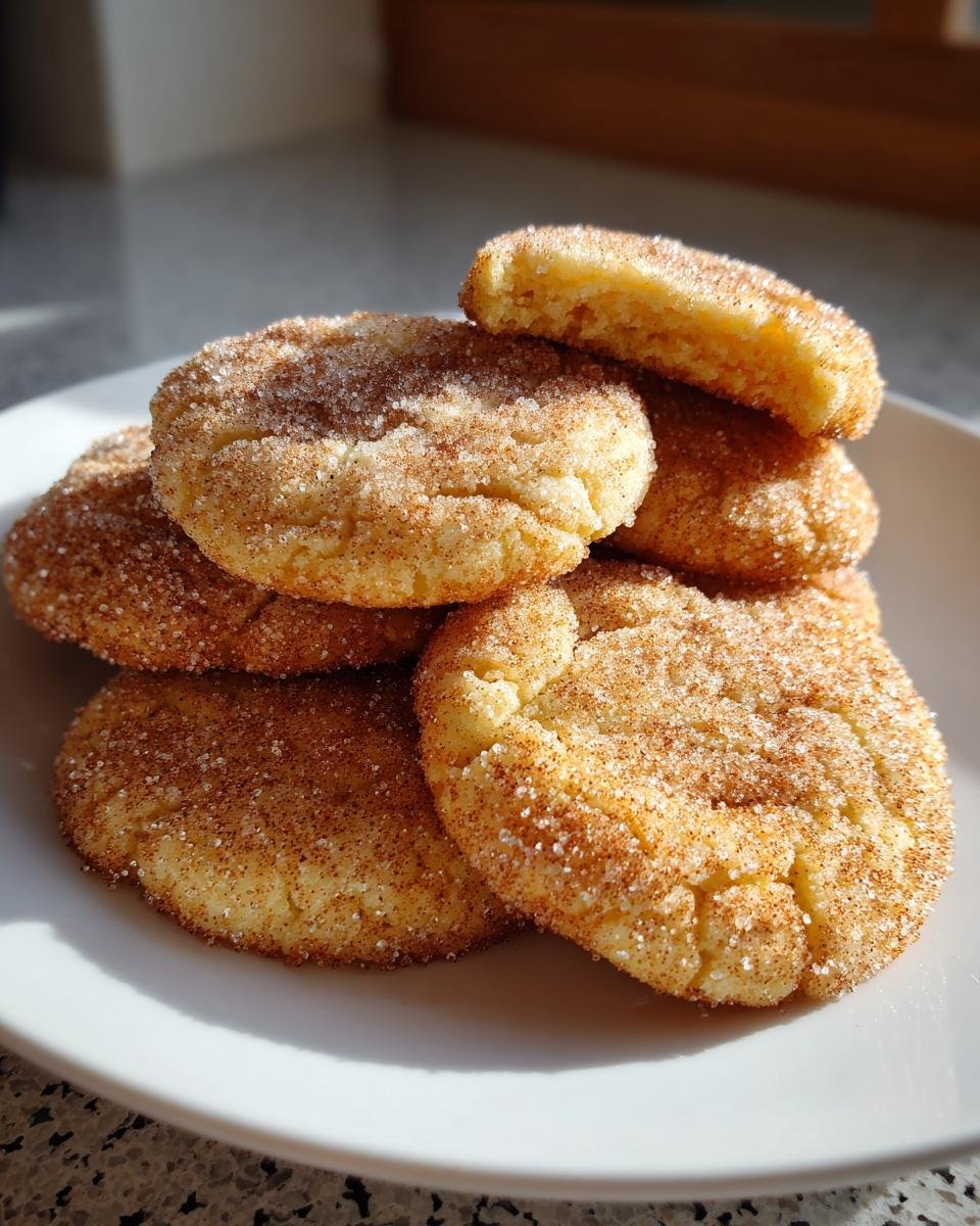 A stack of freshly baked Cinnamon Sugar Cookies coated generously in cinnamon and sugar, with one cookie broken open.