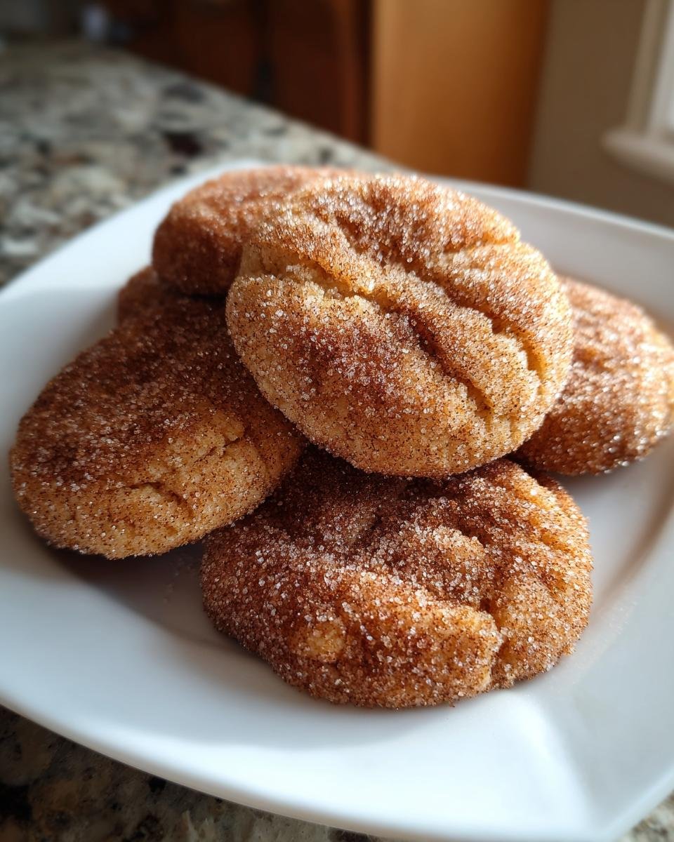 A close-up photo of several soft, thick Cinnamon Sugar Cookies piled on a white plate.