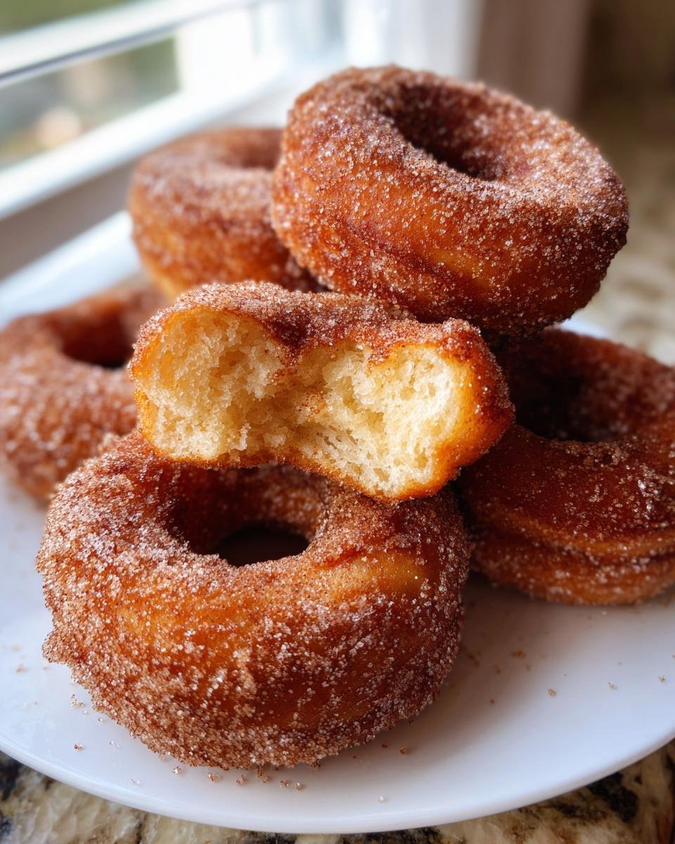 A stack of freshly fried Cinnamon Sugar Donuts, with one donut broken in half showing the fluffy interior.