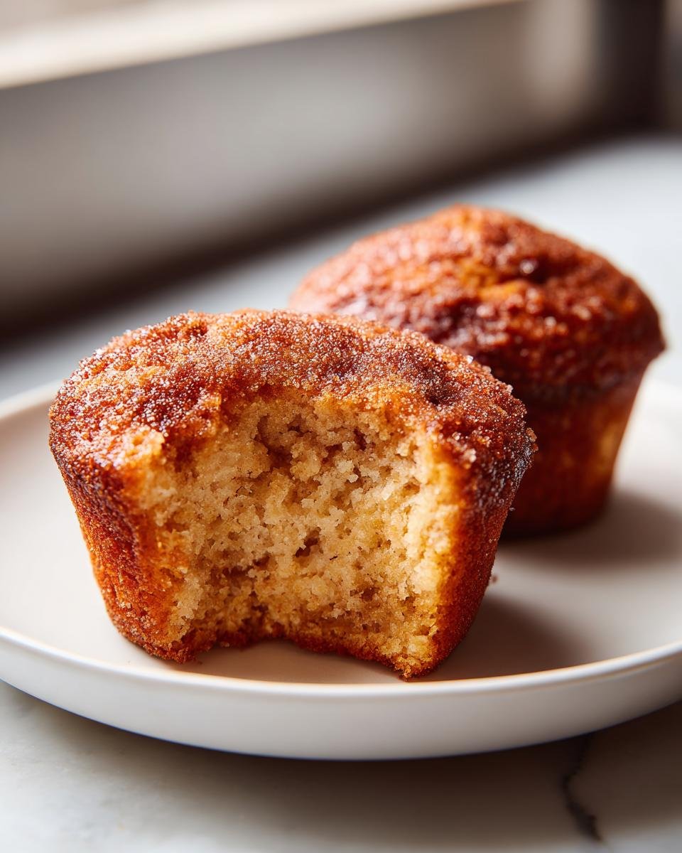 A close-up of two Cinnamon Toast Muffins on a white plate, one with a bite taken out revealing the soft interior.