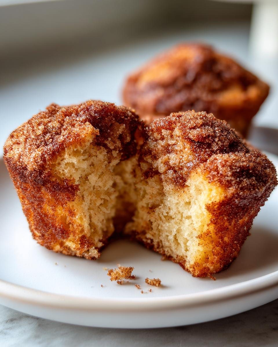 A Cinnamon Toast Muffin broken in half showing the soft, fluffy interior and crunchy cinnamon sugar topping.