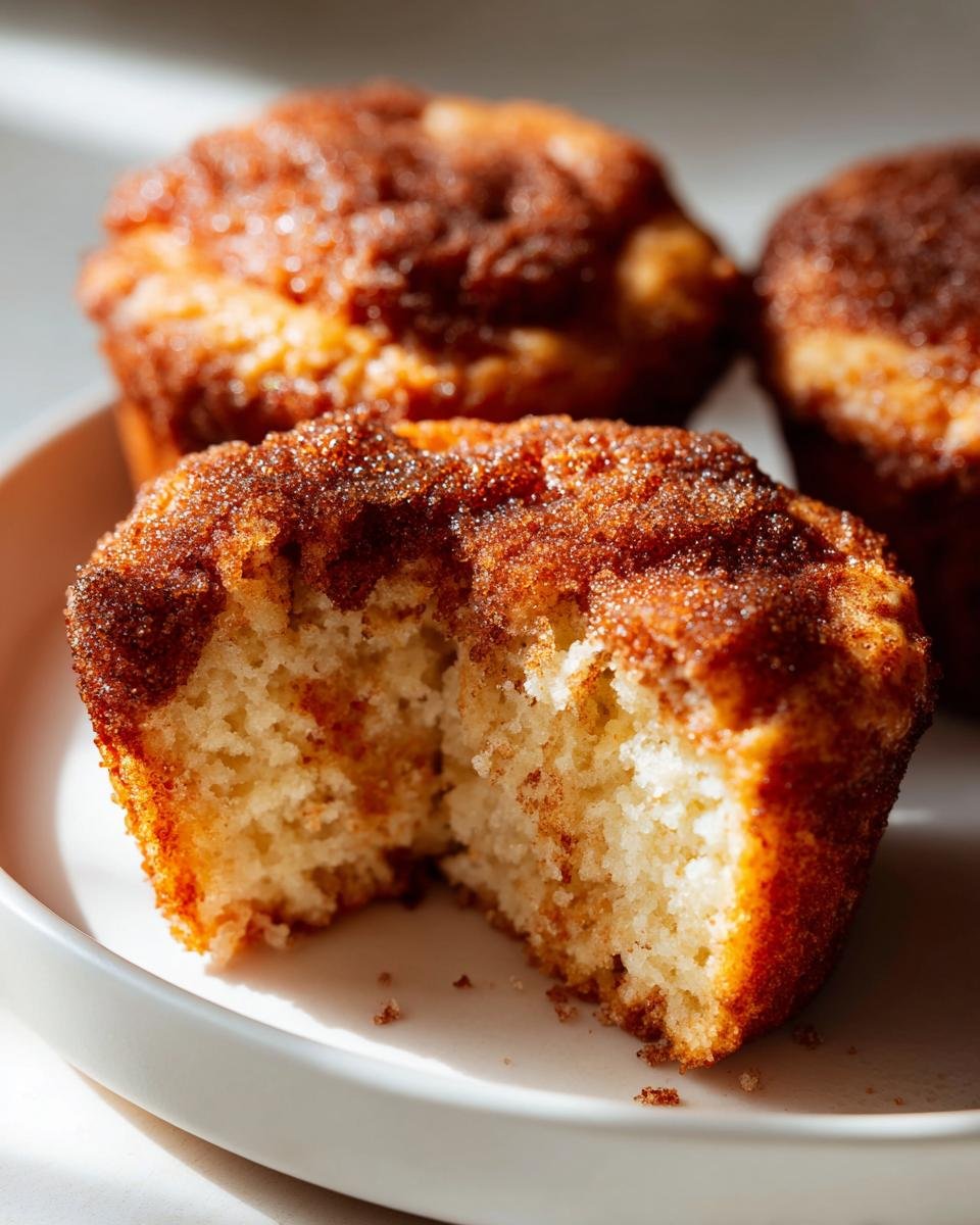 A close-up of a Cinnamon Toast Muffin broken in half, showing the soft interior and thick cinnamon sugar topping.