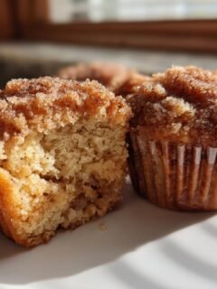 Two Cinnamon Toast Muffins on a white plate, one cut open showing the soft interior and sugary crumb topping.