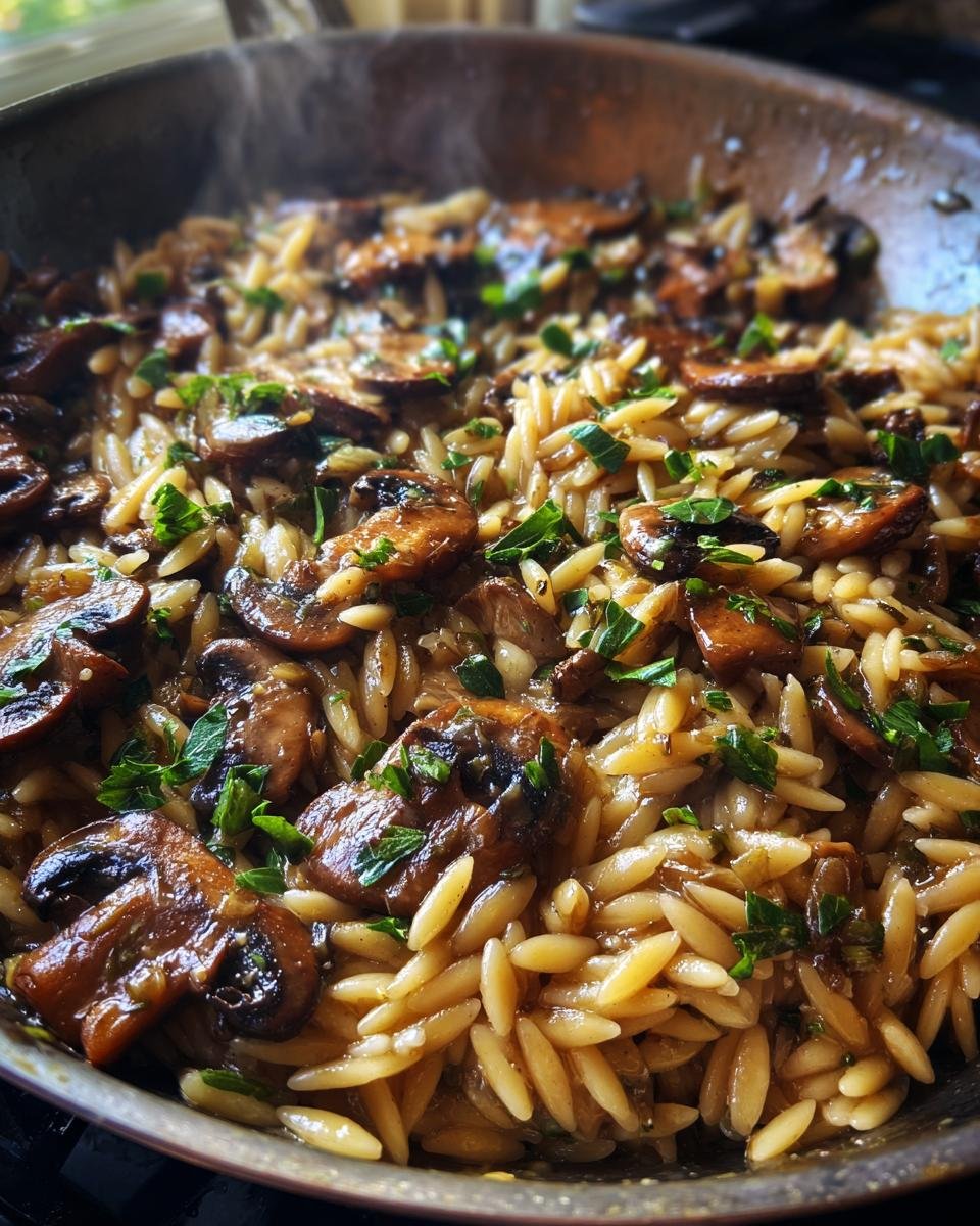 Close-up of steaming Irresistible Creamy Basil Mushroom Orzo with sliced mushrooms and fresh parsley.