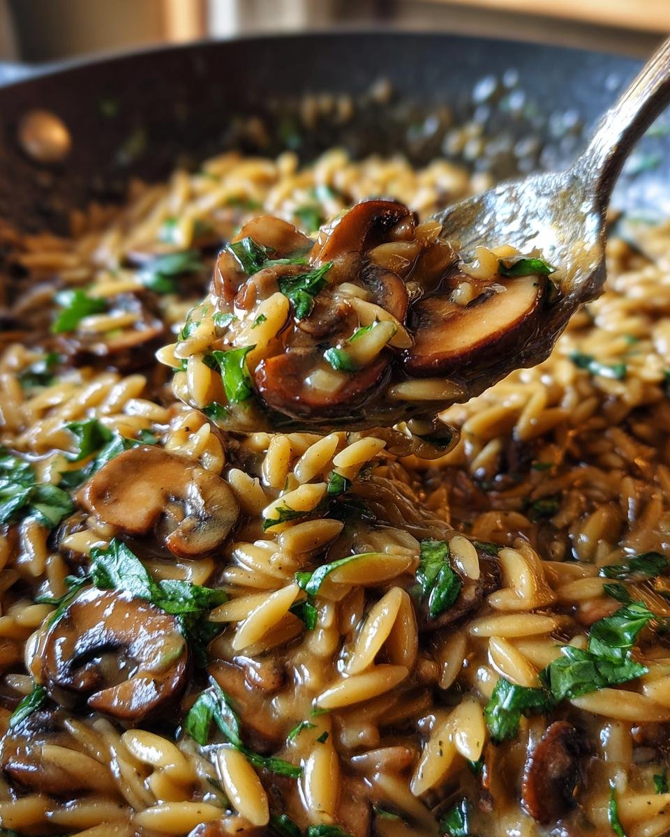 Close-up of a spoonful of Irresistible Creamy Basil Mushroom Orzo, showing rich sauce, sliced mushrooms, and fresh basil.