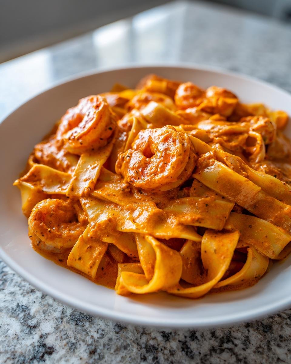 Close-up of Creamy Cajun Shrimp Pasta With Pappardelle coated in a rich, orange-hued sauce, served in a white bowl.