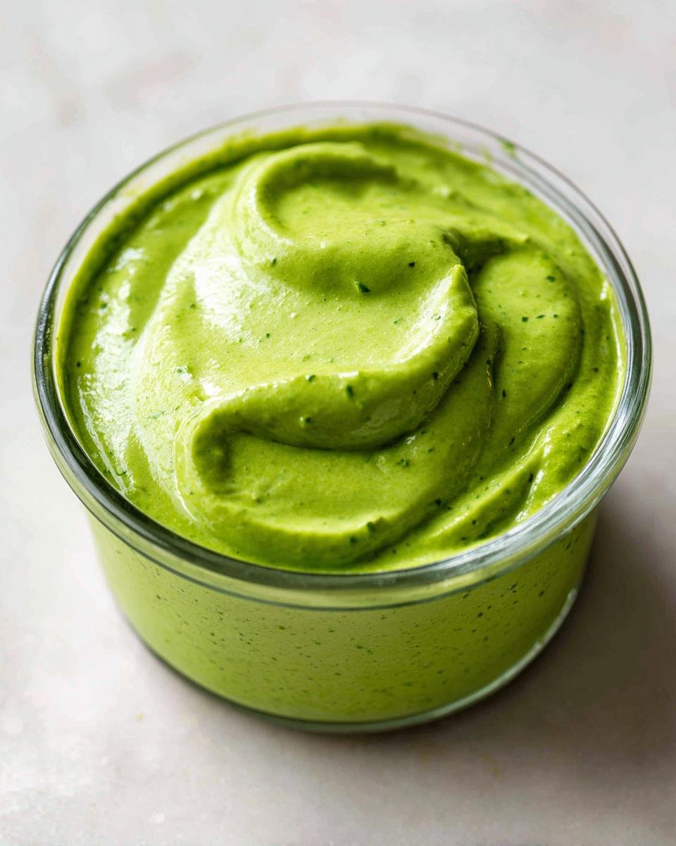 Close-up of vibrant green, thick Creamy Cilantro Lime Dressing swirled in a small glass container.