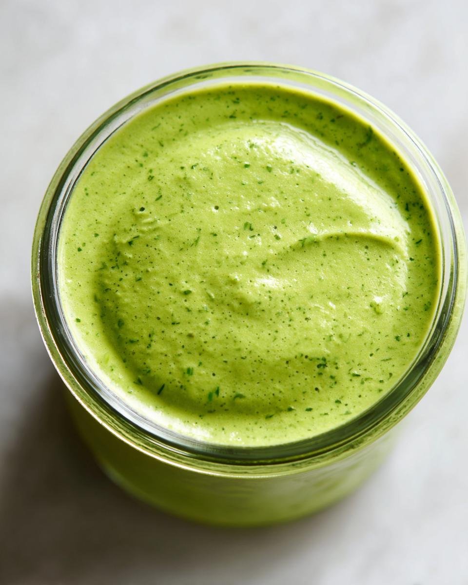 Overhead view of thick, bright green Creamy Cilantro Lime Dressing inside a glass jar.