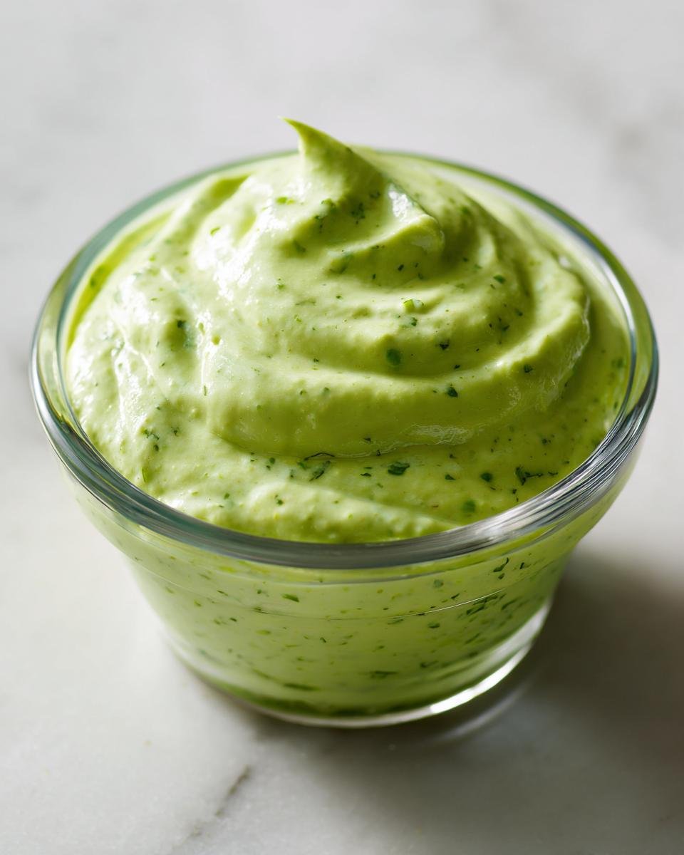 Close-up of vibrant green, thick Creamy Cilantro Lime Dressing swirled high in a small glass bowl.