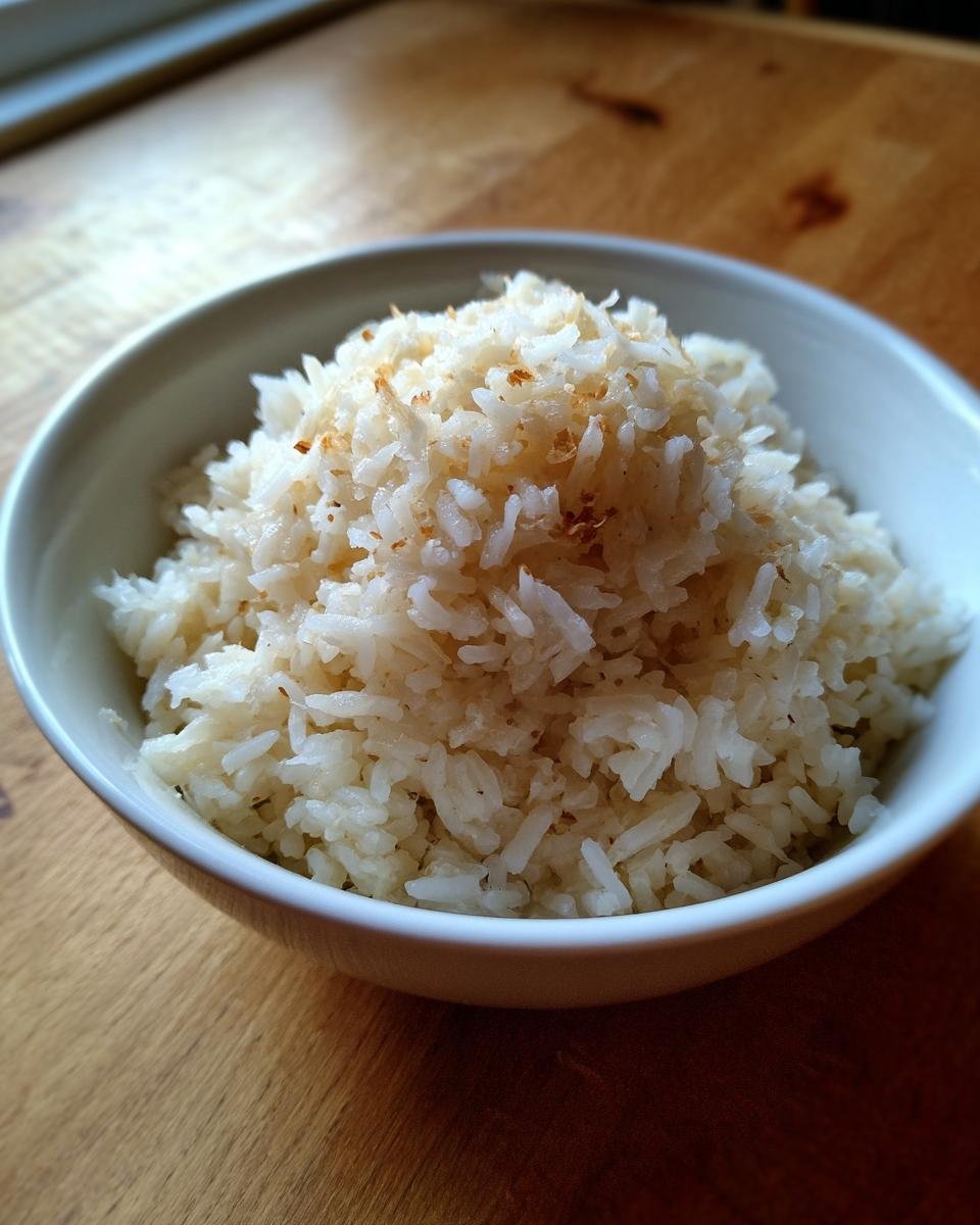 A close-up of a white bowl filled with Irresistible Creamy Garlic Parmesan Rice, topped with toasted bits.