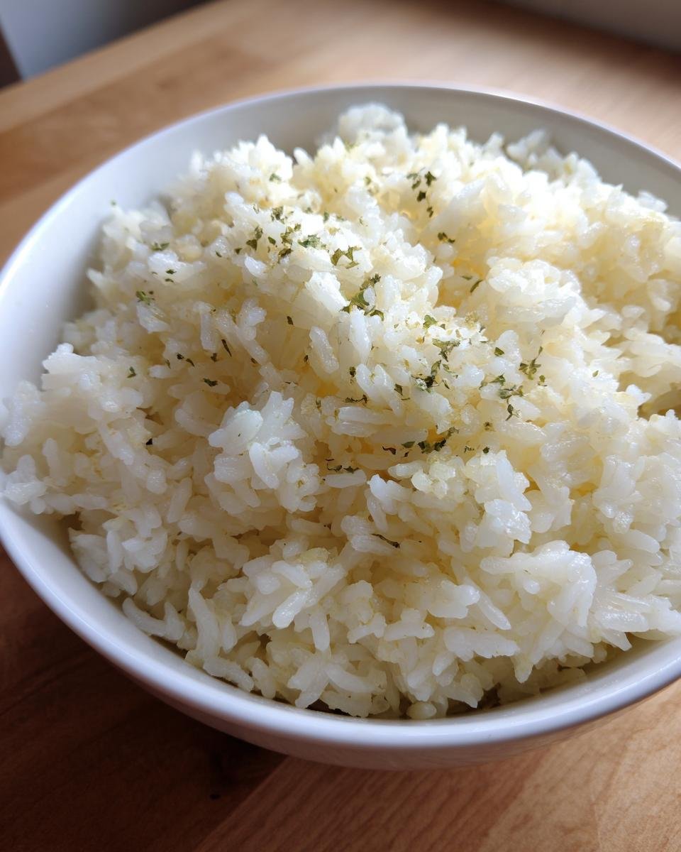 Close-up of a white bowl filled with Irresistible Creamy Garlic Parmesan Rice, topped with dried herbs.
