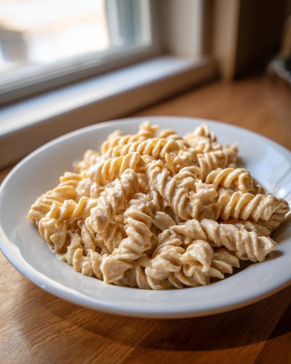 A white bowl filled with fusilli pasta coated in a thick, creamy hummus sauce, sitting on a wooden table near a window.
