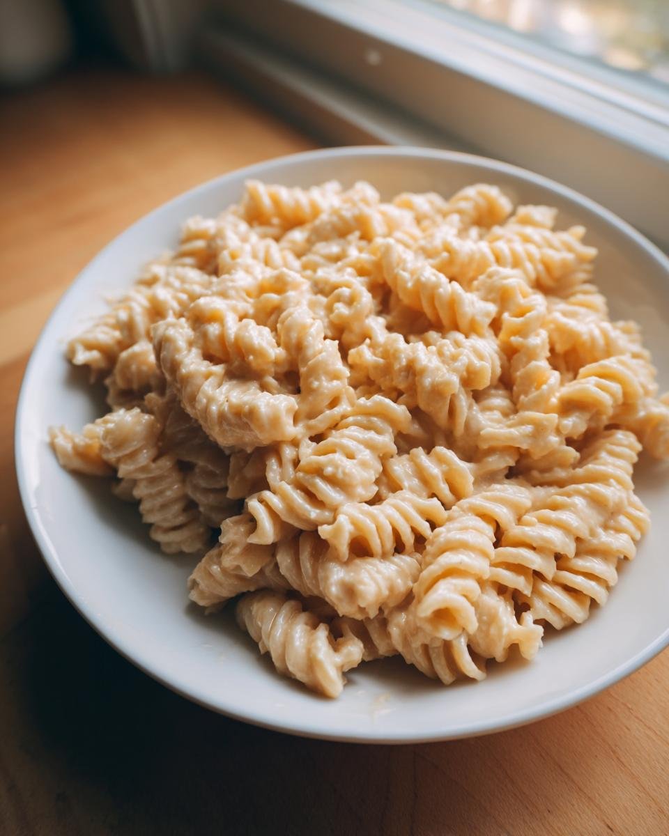 A close-up of fusilli pasta coated in a thick, creamy sauce, ready to eat, showcasing the Creamy Hummus Pasta recipe.