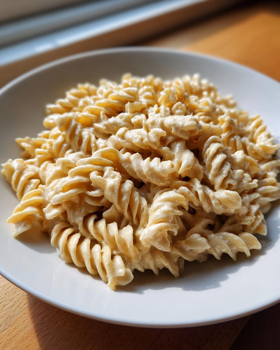 A white bowl filled with fusilli pasta coated in a thick, creamy hummus sauce, showcasing the Creamy Hummus Pasta recipe.