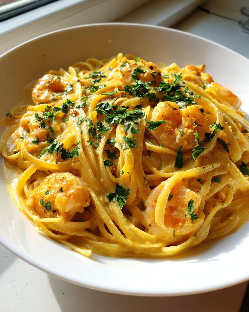Close-up of a white bowl filled with Creamy Jamaican Shrimp Pasta, featuring linguine coated in rich sauce and topped with fresh parsley.