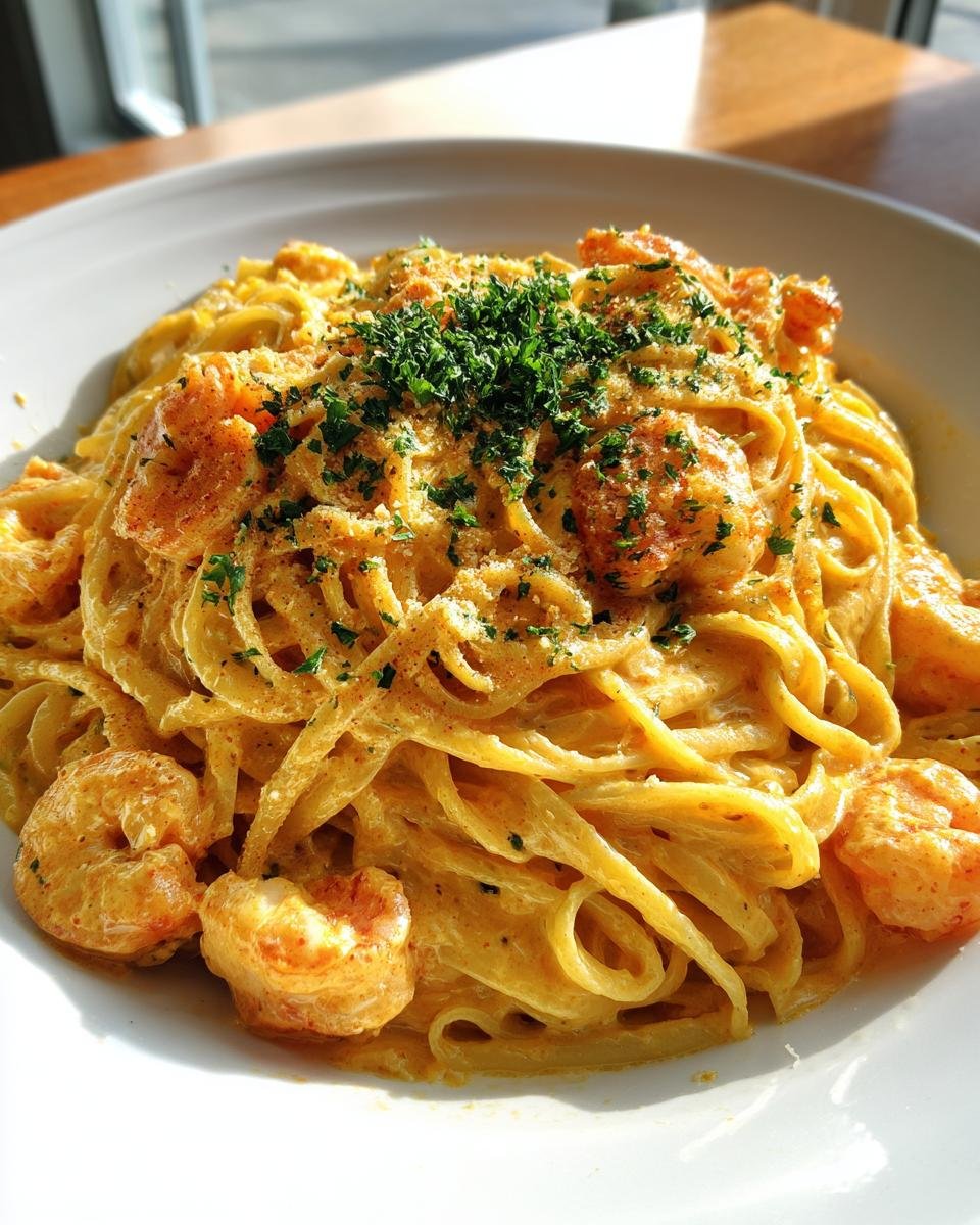 A close-up of a bowl of Creamy Jamaican Shrimp Pasta, featuring linguine coated in a rich, orange sauce with seasoned shrimp.