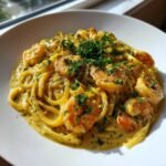 Close-up of delicious Creamy Jamaican Shrimp Pasta tossed in a rich yellow sauce and topped with fresh parsley.