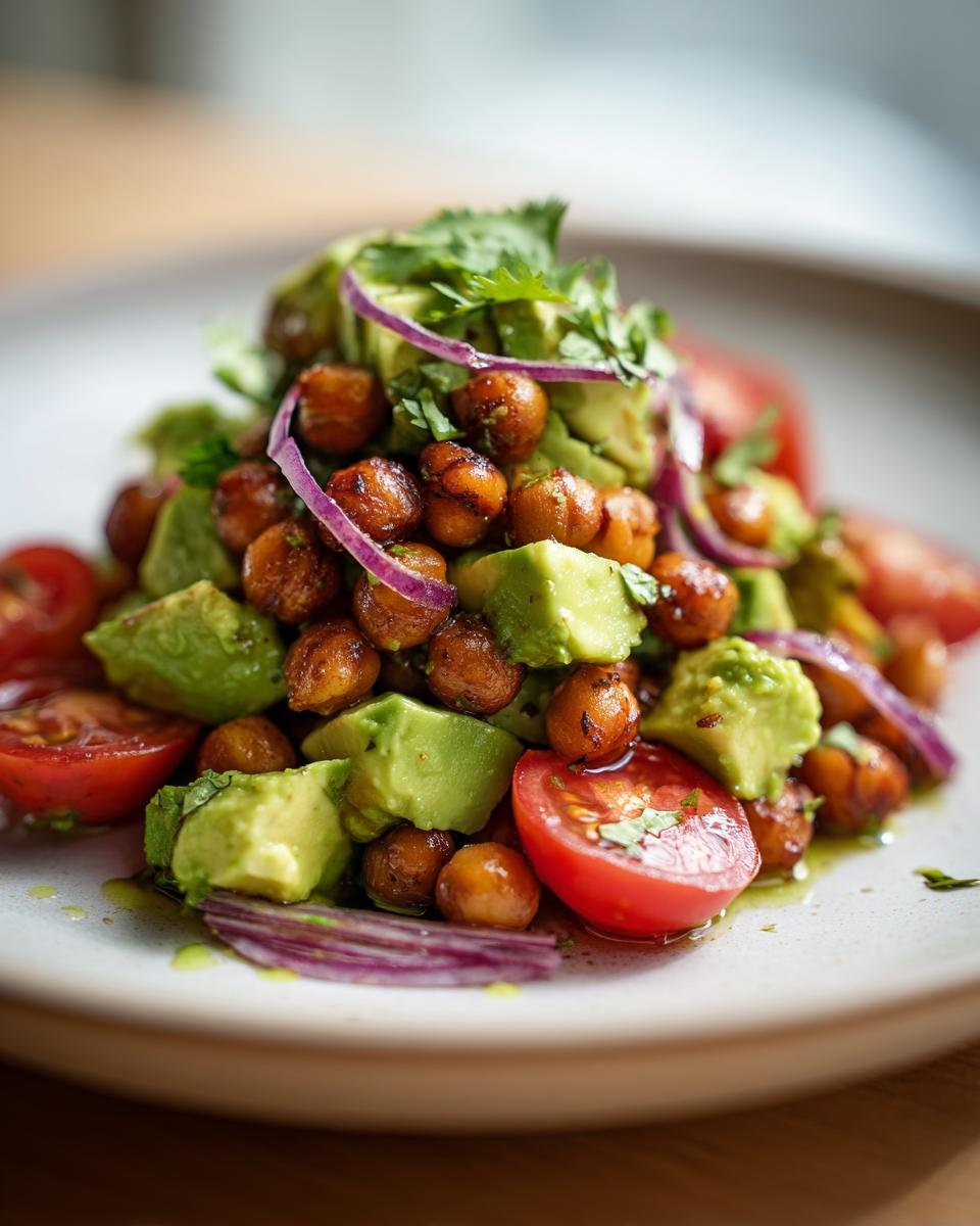Close-up of Creamy Roasted Chickpeas And Avocado Salad with cherry tomatoes and red onion.