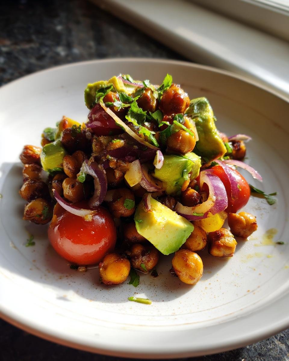 A vibrant serving of Creamy Roasted Chickpeas And Avocado Salad with red onion and cherry tomatoes.