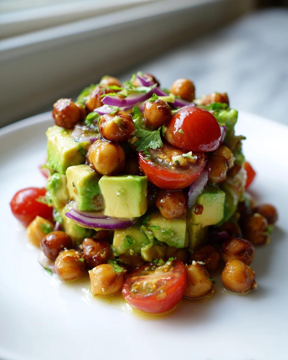 A tower of diced avocado, roasted chickpeas, red onion, and halved cherry tomatoes making up the Creamy Roasted Chickpeas And Avocado Salad.