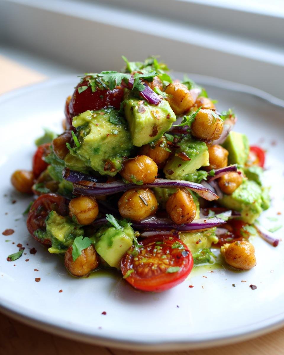 A vibrant stack of Creamy Roasted Chickpeas And Avocado Salad featuring avocado chunks, roasted chickpeas, red onion, and halved cherry tomatoes.