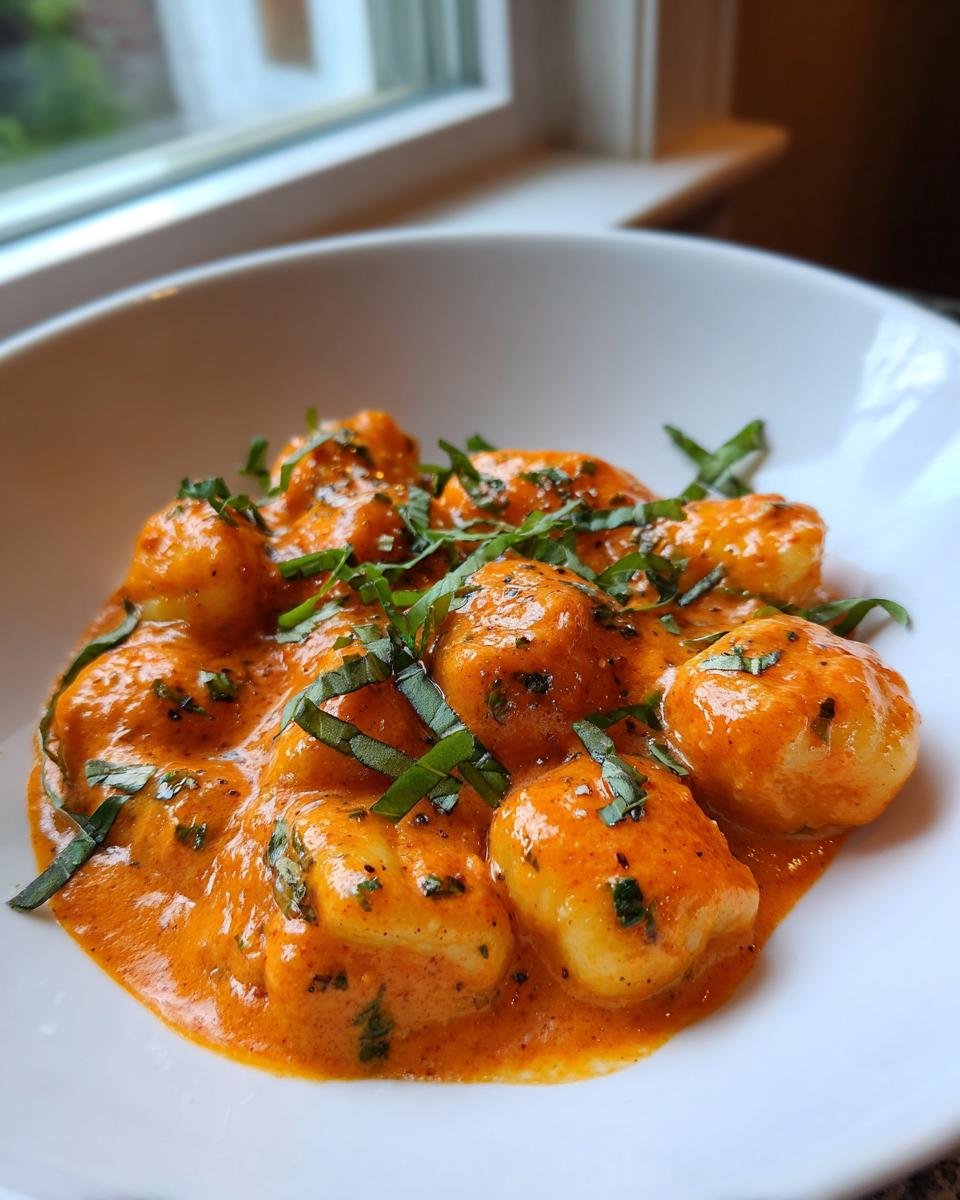 Close-up of fluffy gnocchi coated in a rich, orange Creamy Tomato Basil Gnocchi sauce and topped with fresh basil.