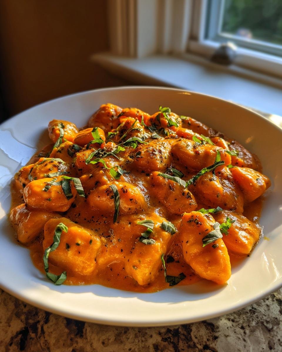 A close-up of a white bowl filled with rich, orange Creamy Tomato Basil Gnocchi, garnished with fresh basil.