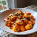 A close-up of fluffy gnocchi coated in a rich, creamy tomato basil sauce, garnished with fresh basil.