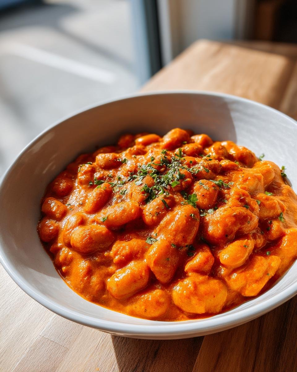 A white bowl filled with Creamy Tomato Butter Beans A Cozy Comfort Food Delight, garnished with fresh herbs.