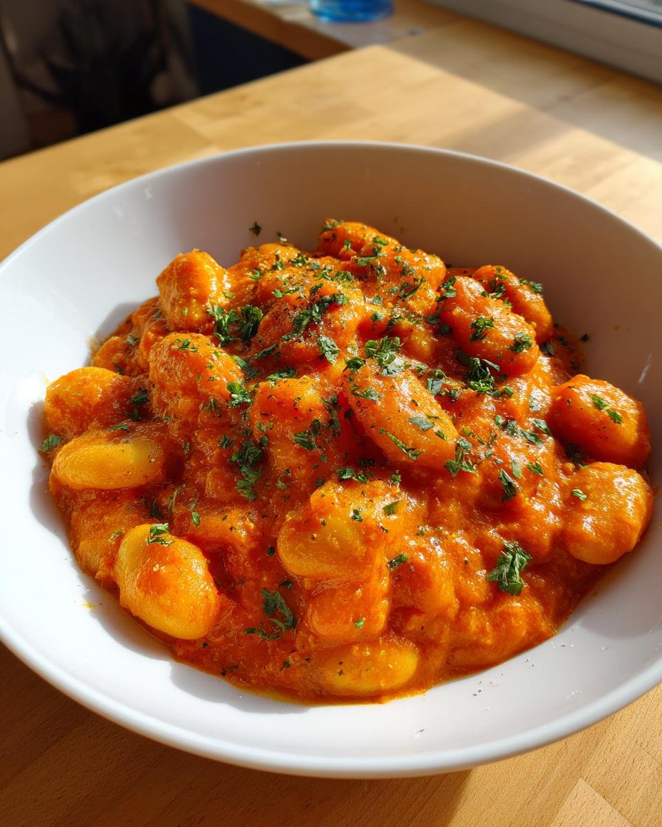 A close-up of creamy tomato butter beans topped with fresh parsley in a white bowl.