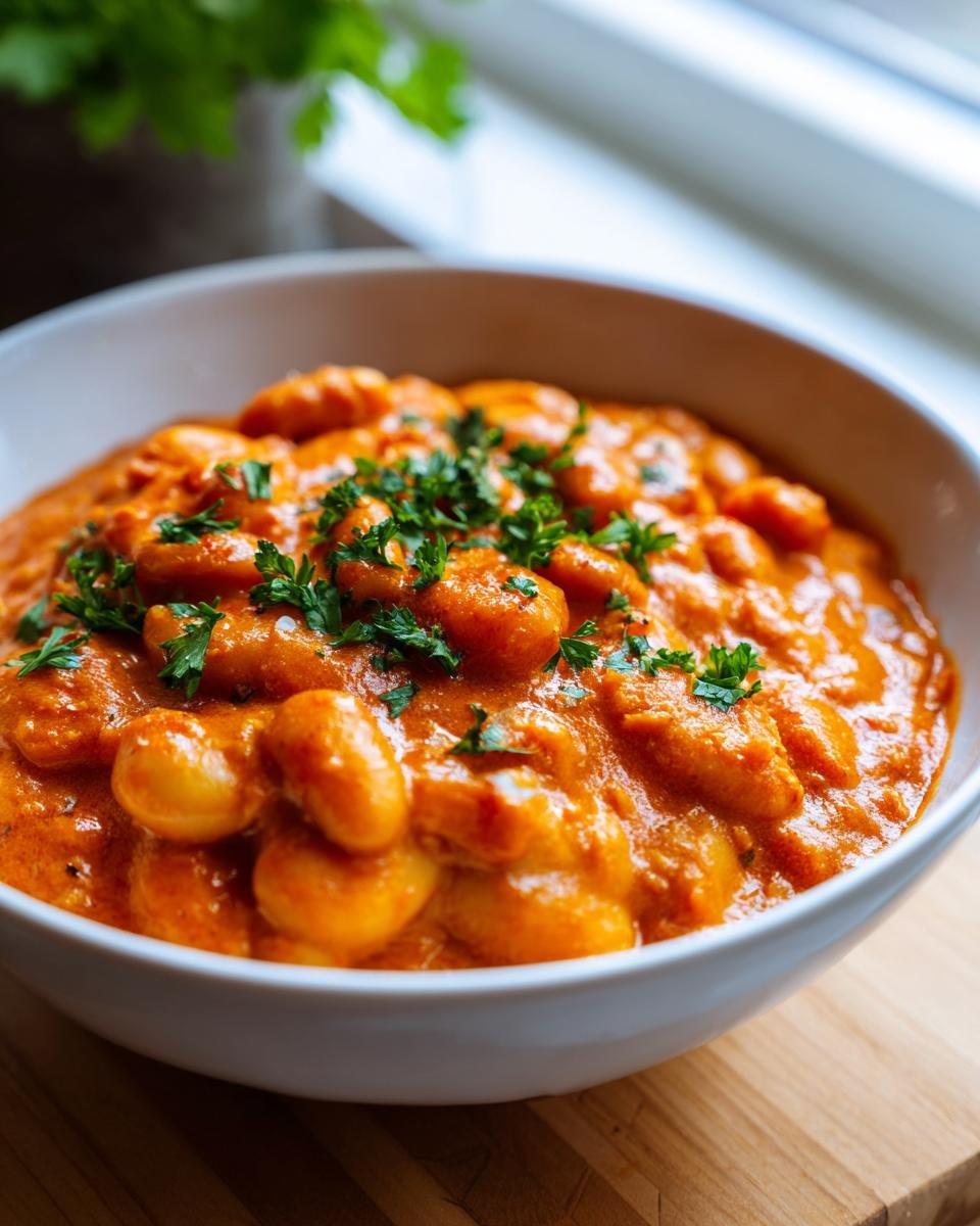 Close-up of Creamy Tomato Butter Beans in a white bowl, topped with fresh parsley.