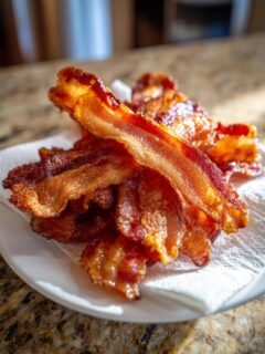Close-up of perfectly crispy, glistening Air Fryer Bacon piled on a white paper towel-lined plate.