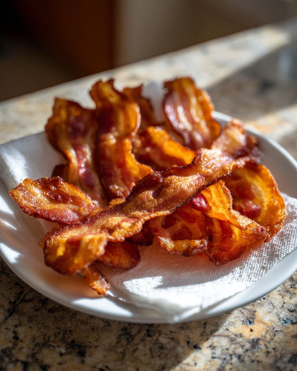 Several strips of perfectly cooked, crispy Air Fryer Bacon resting on a paper towel on a white plate.
