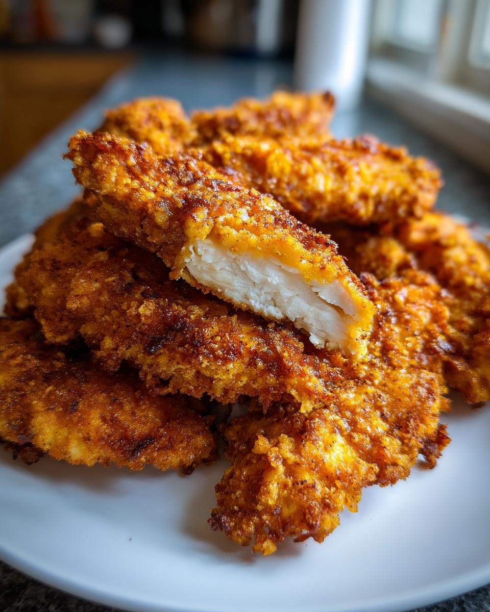 Close-up of crispy, golden brown Air Fryer Chicken Tenders, one piece cut open showing juicy white meat.