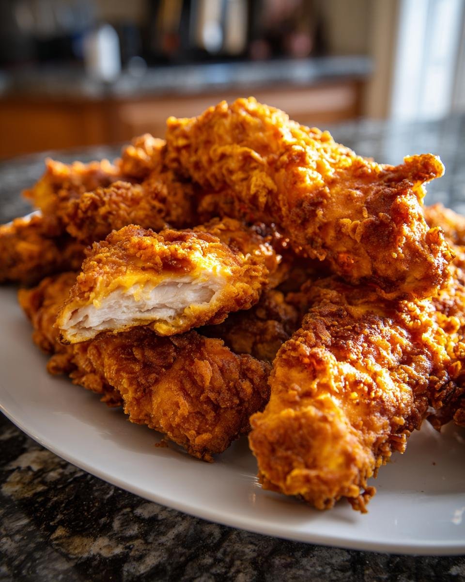 A pile of golden brown, crispy Air Fryer Chicken Tenders on a white plate, one is broken open showing the white meat inside.