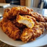 A pile of golden brown, crispy Air Fryer Chicken Tenders, with one tender broken open showing juicy white meat.