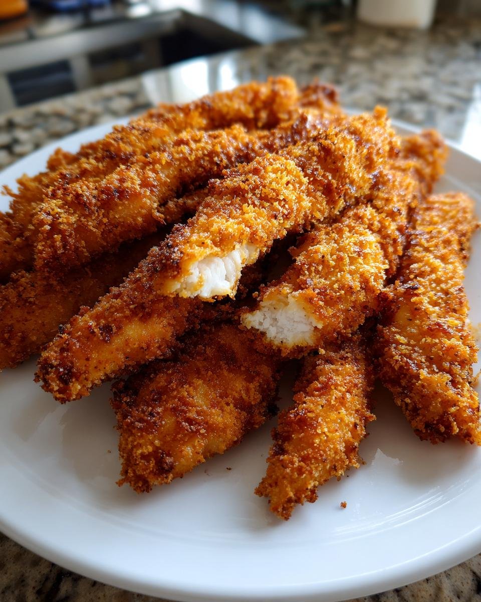 A pile of golden brown, crispy Air Fryer Chicken Tenders served on a white plate, one tender is broken open showing the white meat.