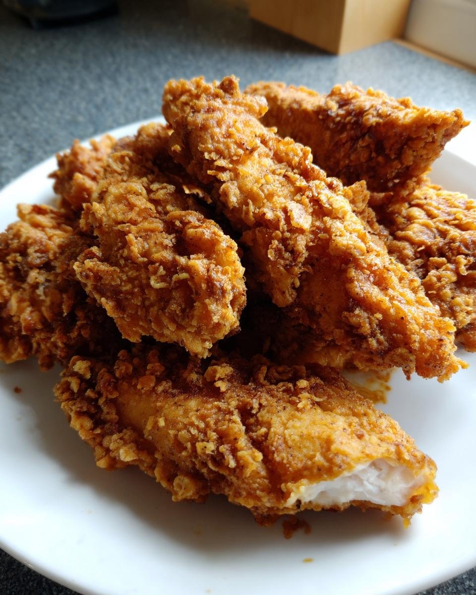 A pile of golden brown, crispy Air Fryer Chicken Tenders served on a white plate, showing the juicy white meat inside one piece.