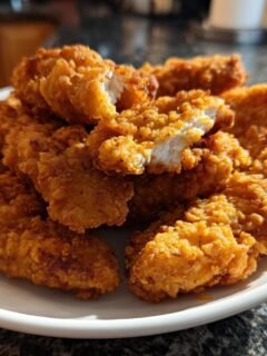 A pile of golden brown, crispy Air Fryer Chicken Tenders served on a white plate, one is broken open showing white meat.