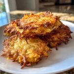 A stack of golden brown, crispy Air Fryer Latkes with shredded potato edges visible on a white plate.