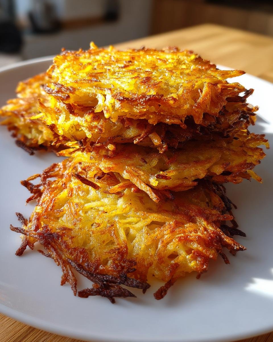 Close-up of a stack of golden brown, crispy Air Fryer Latkes showing shredded potato texture.